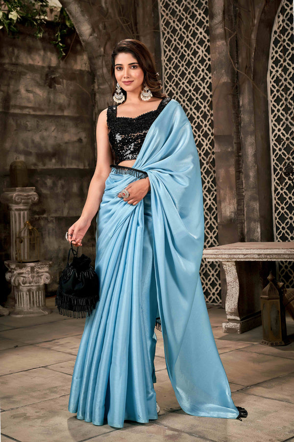 Luxurious Sky Blue Satin Silk Saree
